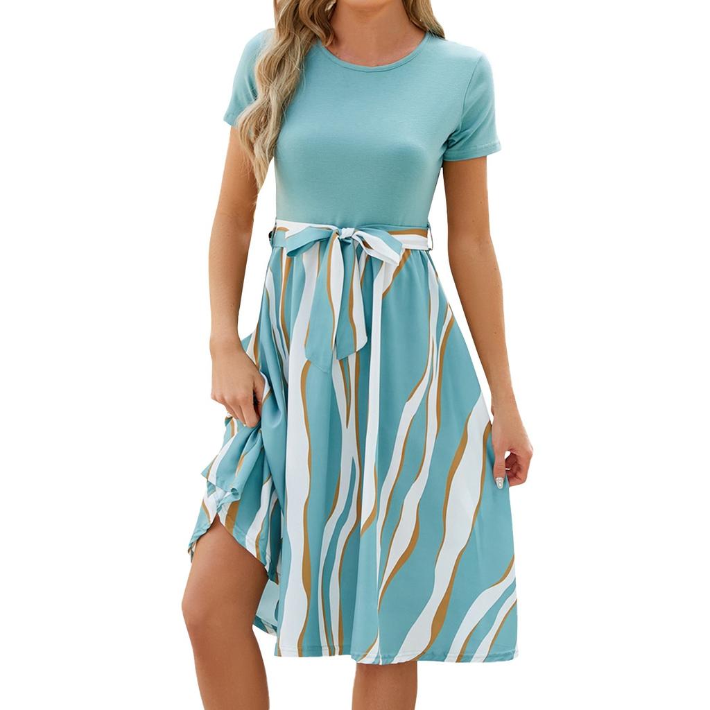 Women's Fashion Round Neck Splicing Printed Short Sleeve Hem Loose Dresses