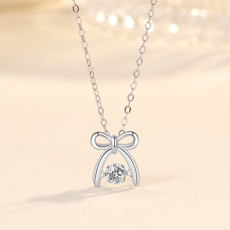 S925 Sterling Silver Bow Necklace with Beating Heart Pendant - Women s Fashionable Clavicle Chain with Light Luxury Style. 925 Silver