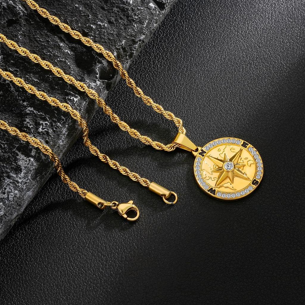 Coin Necklace Compass Pendant with French Rope Medal Gold Surgical Stainless Amulet Gift Box KRKC&CO 2.5mm Chain, Necklace, Plated, Steel,