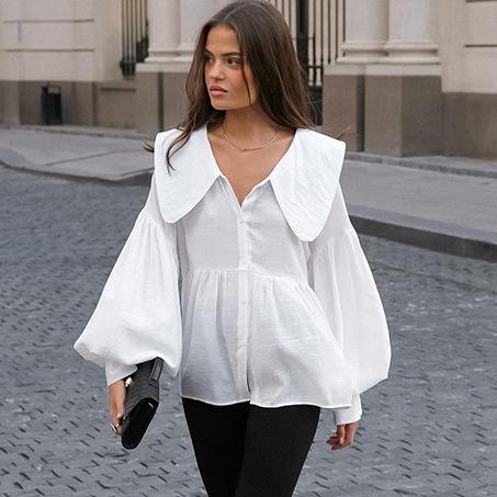French Sweet Loose Doll Collar Shirt Women's Autumn New Design Sense Age-reducing Fashion Pleated Bubble Sleeve Top