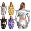 Womens Iridescent Metallic Crop Jacket Long Sleeve Stand Collar Front Zipper Crop Top