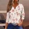 Women's Stylish Casual Christmas Print V-Neck Button Three-Quarter Sleeve T-Shirt