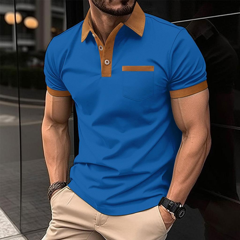 Neues Herren-Poloshirt mit farblich abgesetzter Brusttasche, kurzärmiges T-Shirt-Top mit Knopfleiste
