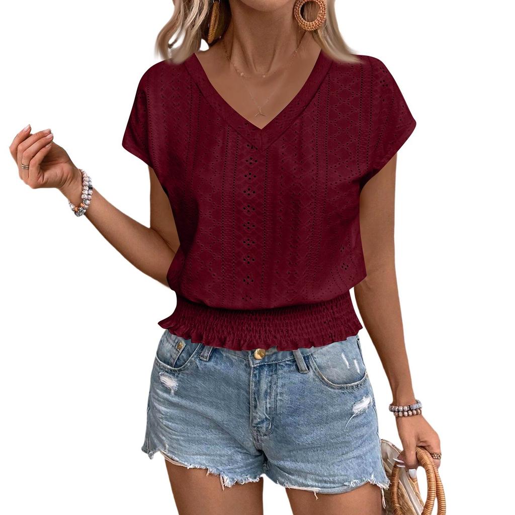 Women's Fashion V-neck Solid Color Hollow Short Sleeve Top T-shirt Summer
