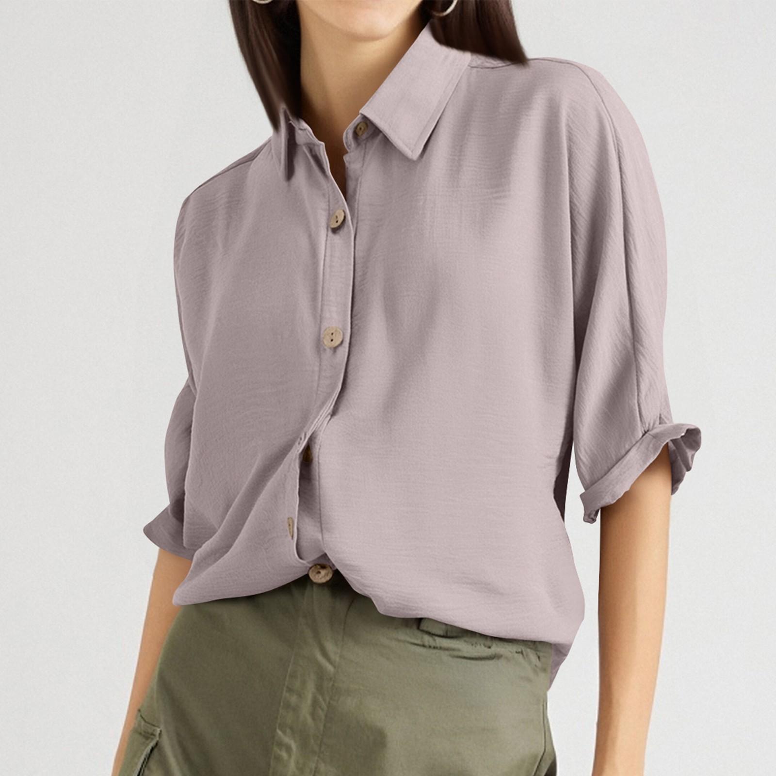 

Женские однотонные рубашки с лацканами на весну и лето, повседневные рубашки с застежкой на пуговицы S светло-фиолетовый