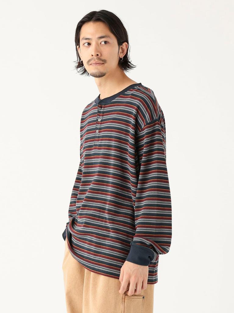 B:MING LIFE STORE by BEAMS Men's Long Sleeve T-Shirt with Waffle Stripes and Henley Neck, Navy, Size L