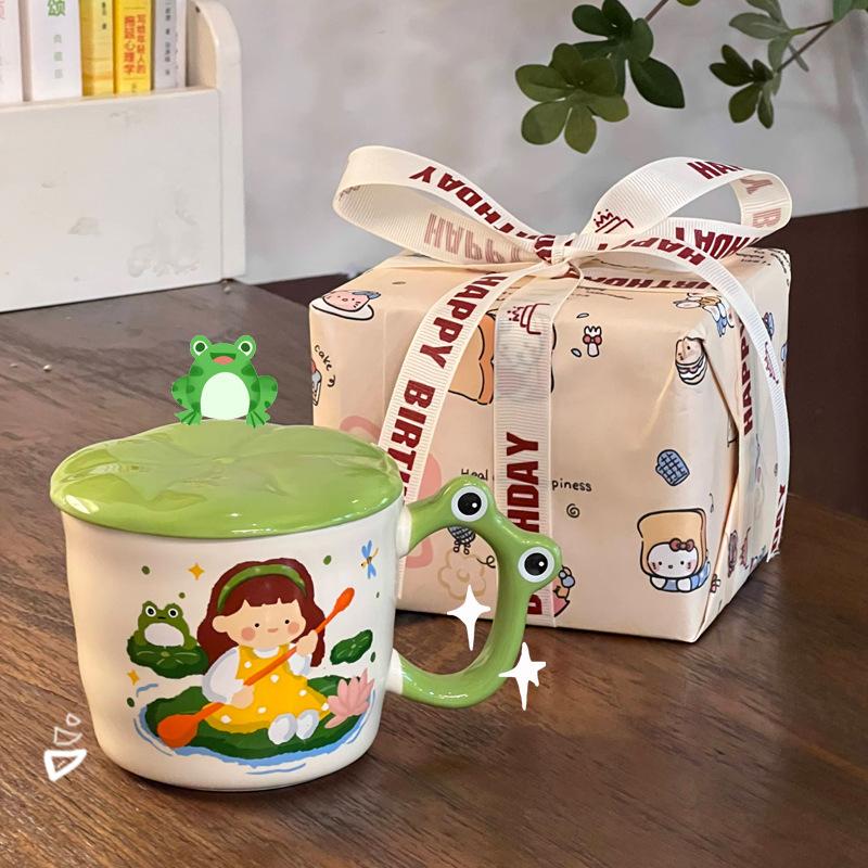 Textile Article Girls White High-Value Cute Frog Ceramic Mug With Lid For ' Birthday Gift Souvenir Gift Box