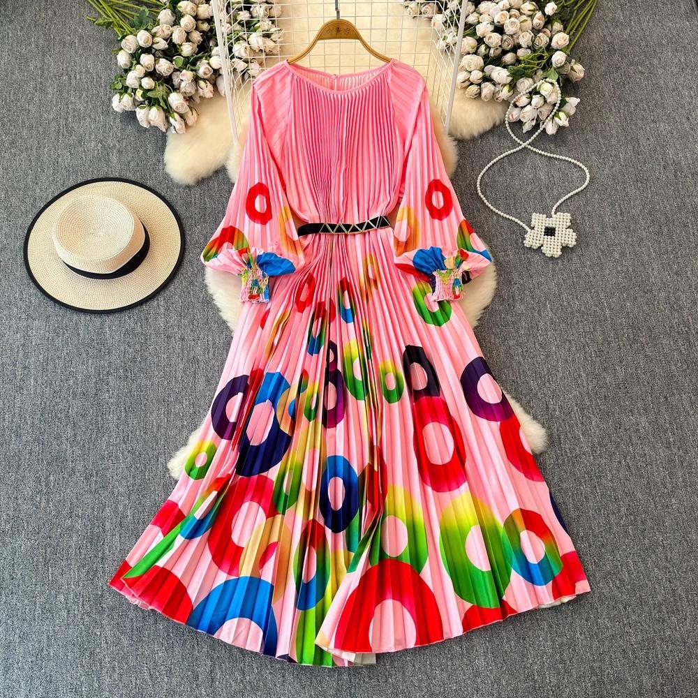 Outono Plissado Lindo Estampa Floral Vestido Longo de Férias Feminino Gola Redonda Manga Lanterna Cinto Elástico Alto Roupas Longas