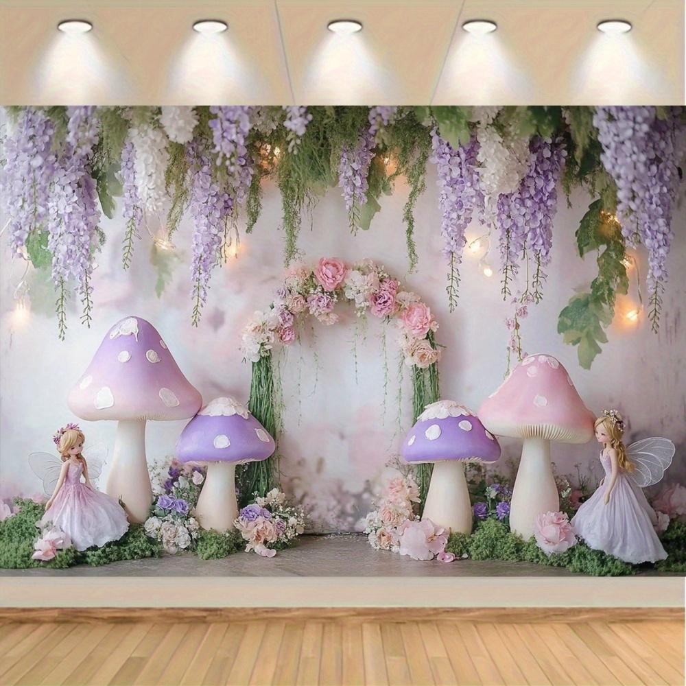 1 Fantasy Fairy Photography Background with Purple Mushrooms, Charming Forest Atmosphere, and Whimsical Party decorationsL