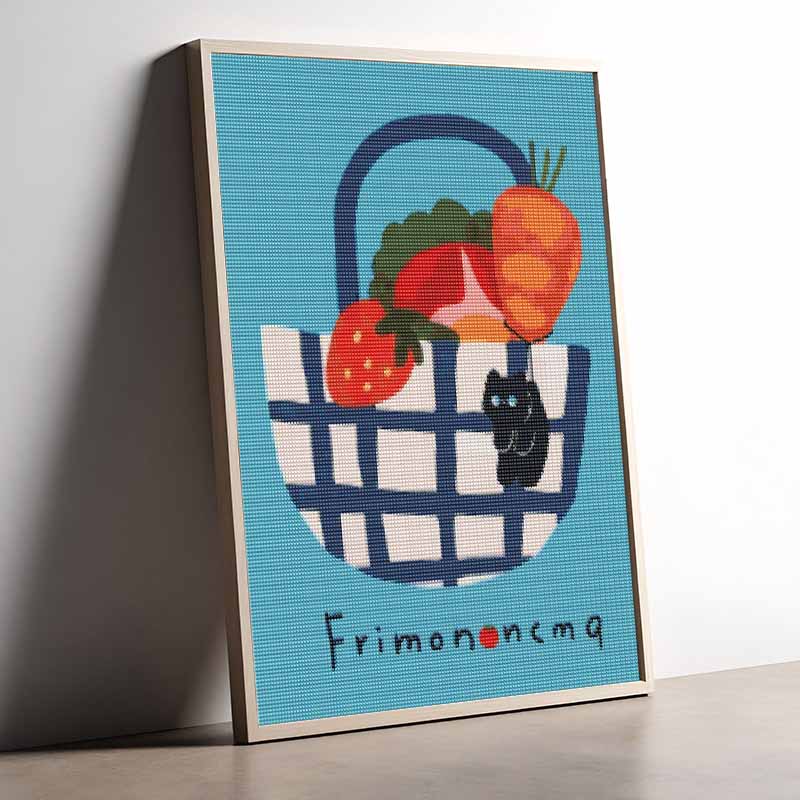Diamond Painting Kit Black Cat in Picnic Basket Full Drill Canvas Art Mindful Craft Gift for Adults and Beginners Relaxation Hobby