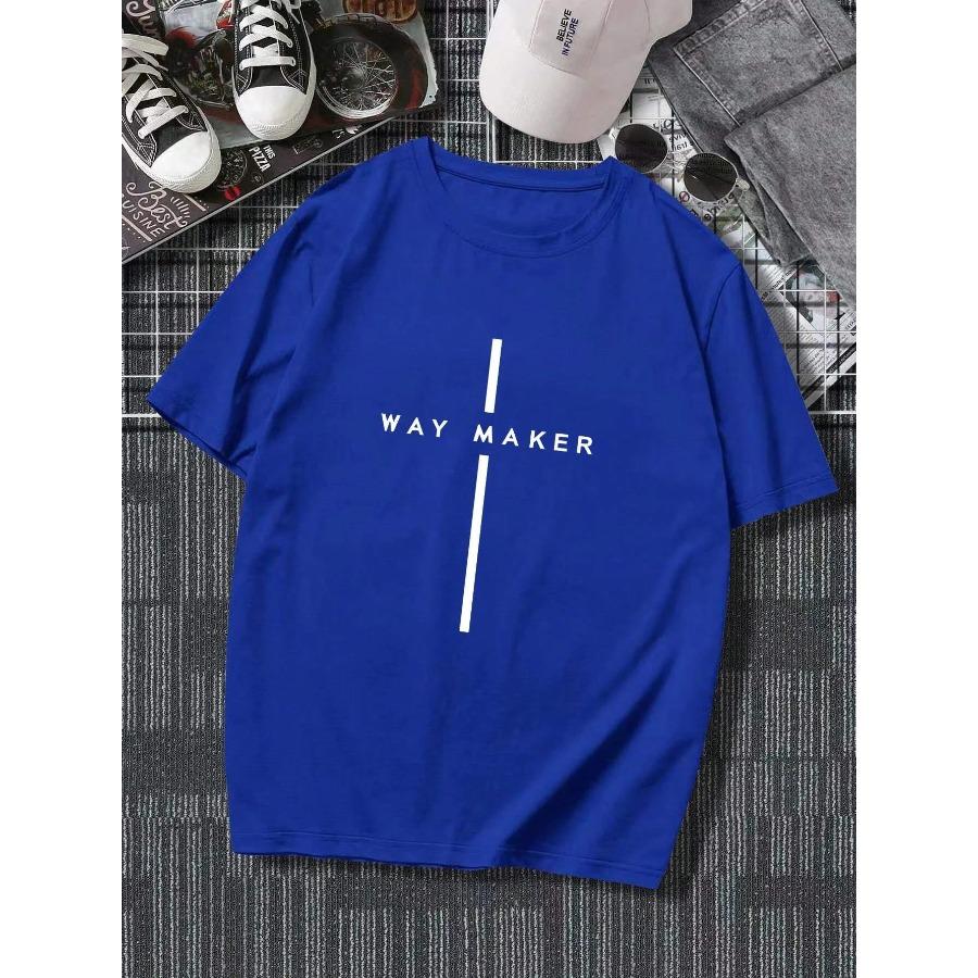 cotton Men's 100% Cotton Summer Loose Size Fashionable WAY MAKER Print Slim Fit Casual Sports Round Neck Short Sleeved T-shirt Top