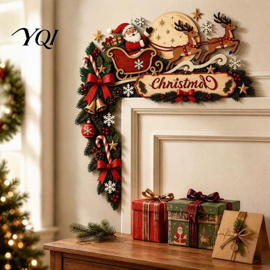 Xmas Fireplace Hanging Sign Christmas Door Topper, Funny Santa Claus Reindeer Sleigh Frame Holiday Decoration Corner Sign, Wooden Home Decor