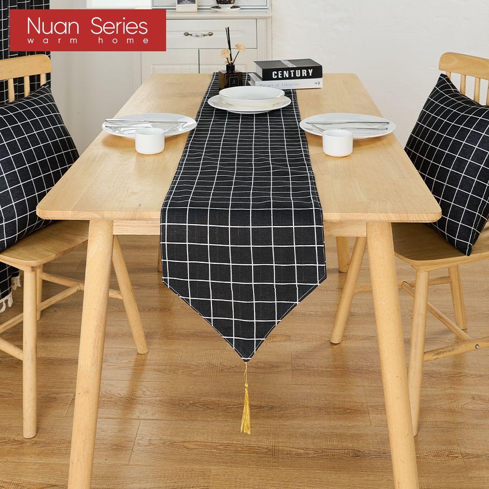 1PC Nuan Series Simple and Versatile Black Checkered Printed Cotton Linen Table Runner for Dinner Table Decor Kitchen for Home Table Home Decor