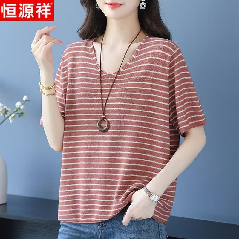 Women s Striped V-Neck Short Sleeve Knit Top 4XL