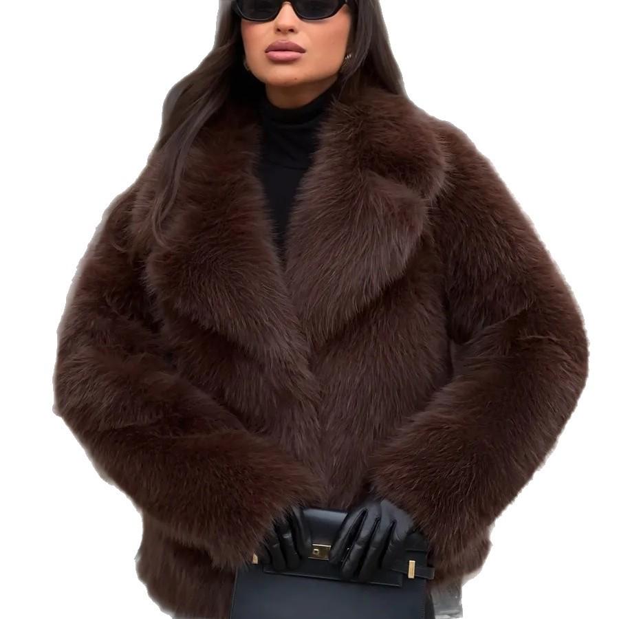 European and American Women's Clothing Imitation Fox Fur Jacket Autumn and Winter Loose Large Lapel Collar Medium and Long Fur Jacket Multi-color