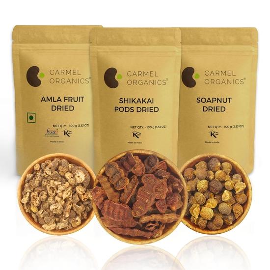 CARMEL ORGANICS Amla, Shikakai & Sapindus/Reetha Combo Completo – 100g Ciascuno | Detergente e Balsamo Erbali, Senza Conservanti Aggiunti