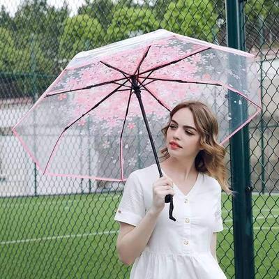 Three Fold Clear Umbrella PVC Women Rain Umbrella Cherry Blossoms Transparent Parapluie Plastic Sakura Female Umbrellas Parasol