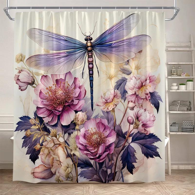 Floral Dragonfly Shower Curtains Watercolour Dandelion Rustic Flower Plants Polyester Fabric Bathroom Curtain Decor With Hooks