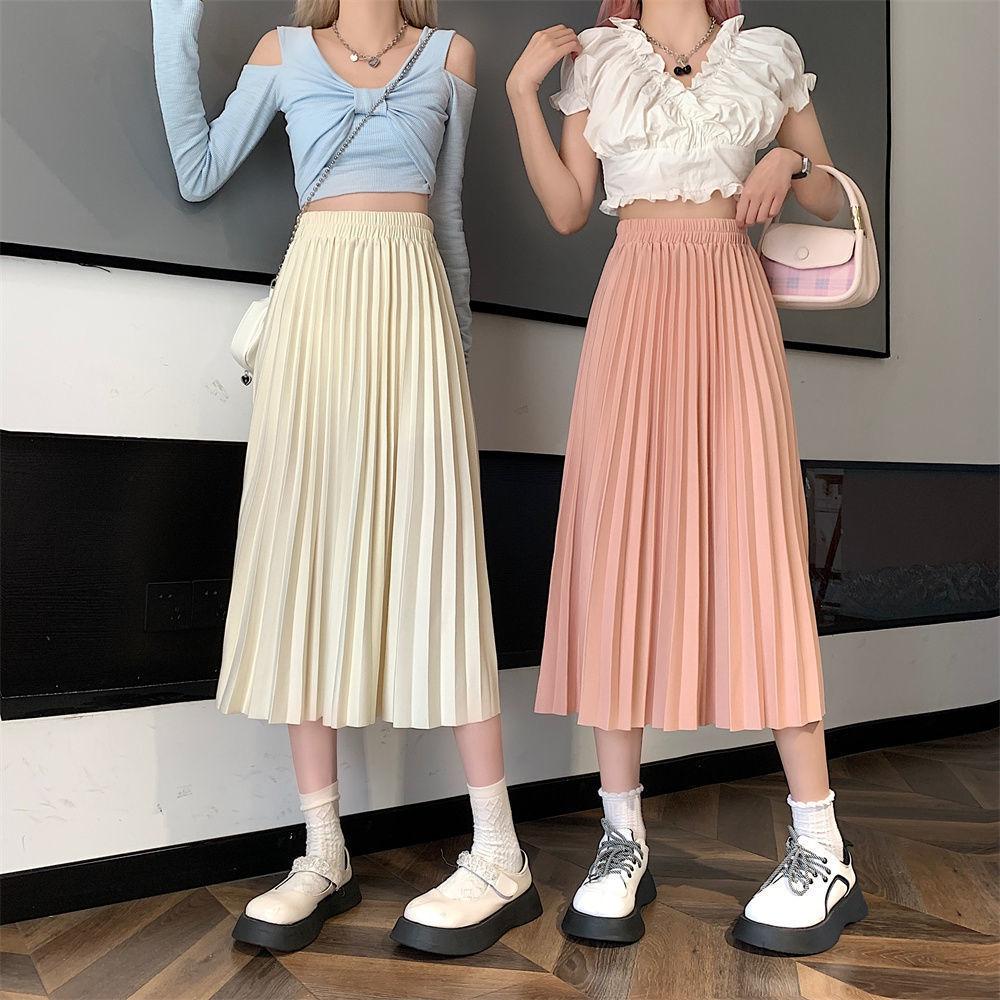Skirts for Women Fashion Elegant Elastic High Waist Basic Pleated Skirt Solid Casual A Line Summer Midi Skirt