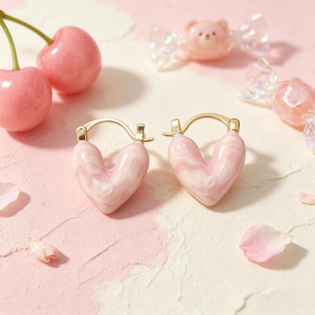 French-style pink heart ear clip for women, niche design earrings, daily fashion, minimalist, cool style