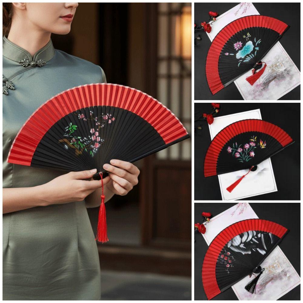 Chinese Style Blossom Printing Folded Fan Portable Retro Tassel Folding Fan with Tassel Exquisite Kimono Fan Hanfu Accessories