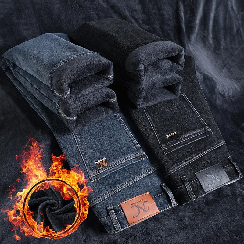 Iarna 2024 Pantaloni lungi pentru bărbați, elastici, elastici de pluș, drepti, denim elastic