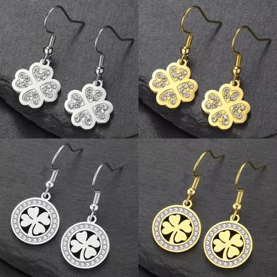 Zircon Heart Shaped Four Leaf Clover Earrings Lucky Shamrock Earrings Irish Symbol Design