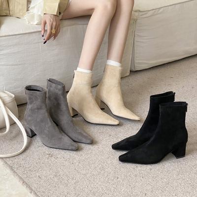 2025 Autumn New Pointed Thick Heel High Heel Temperament Thin French Fashion Sexy Beauty Female Internet Celebrity Short Boots