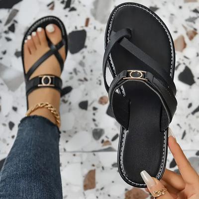 Women's Toe Loop Slide Sandals Cross Strap Open Toe Slip On Slides Casual Beach Shoes