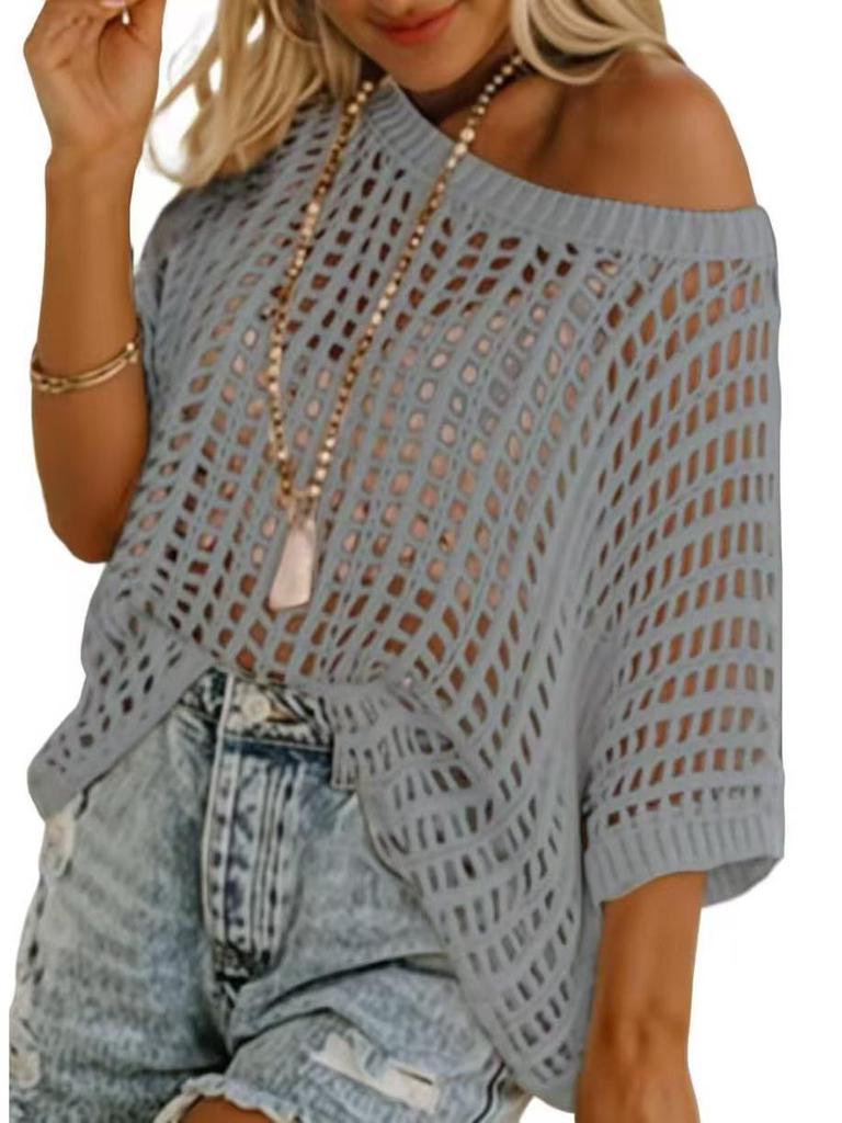 European & American 2026 Summer Mesh Hollowed-Out Five-Sleeve Beach Cover-up Sunscreen.