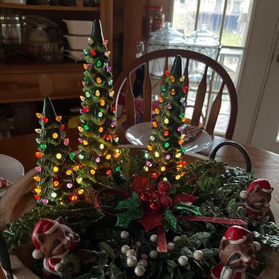 Pre-lit Hand-Painted Resin Tabletop Christmas Tree Small Light Up Holiday Tree Decoration for Home Party Decor
