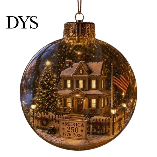 Reusable Party Ornaments 250th Anniversary USA Christmas Ornament, Light Up Plastic Clear Ball Hanging Decoration with Garden Wall Bell Train
