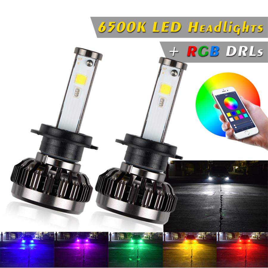 Pair H7 Led Rgb 72W 8000Lm Car Auto Headlight Driving Fog Bulbs Ballast Kit App Control