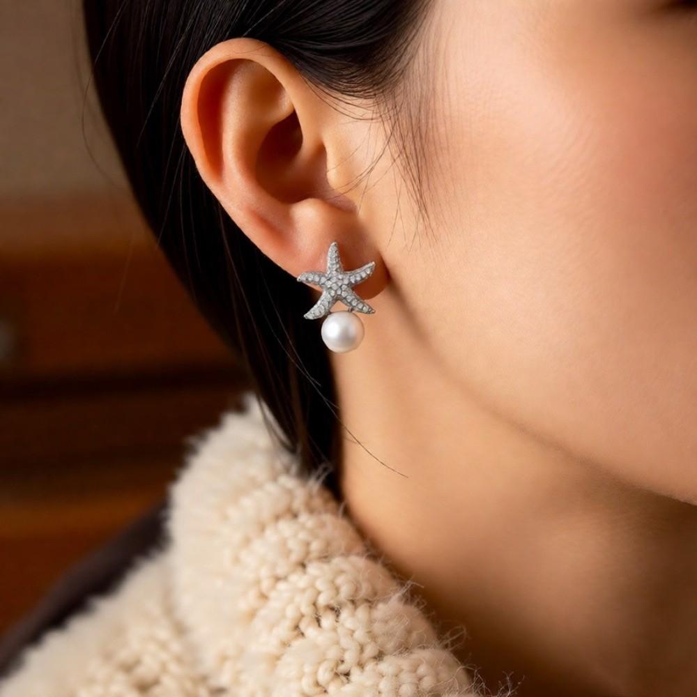 Zircon Korean Style Earrings Crystal Starfish Ear Studs Elegant Starfish Pearl Stud Earrings  Women