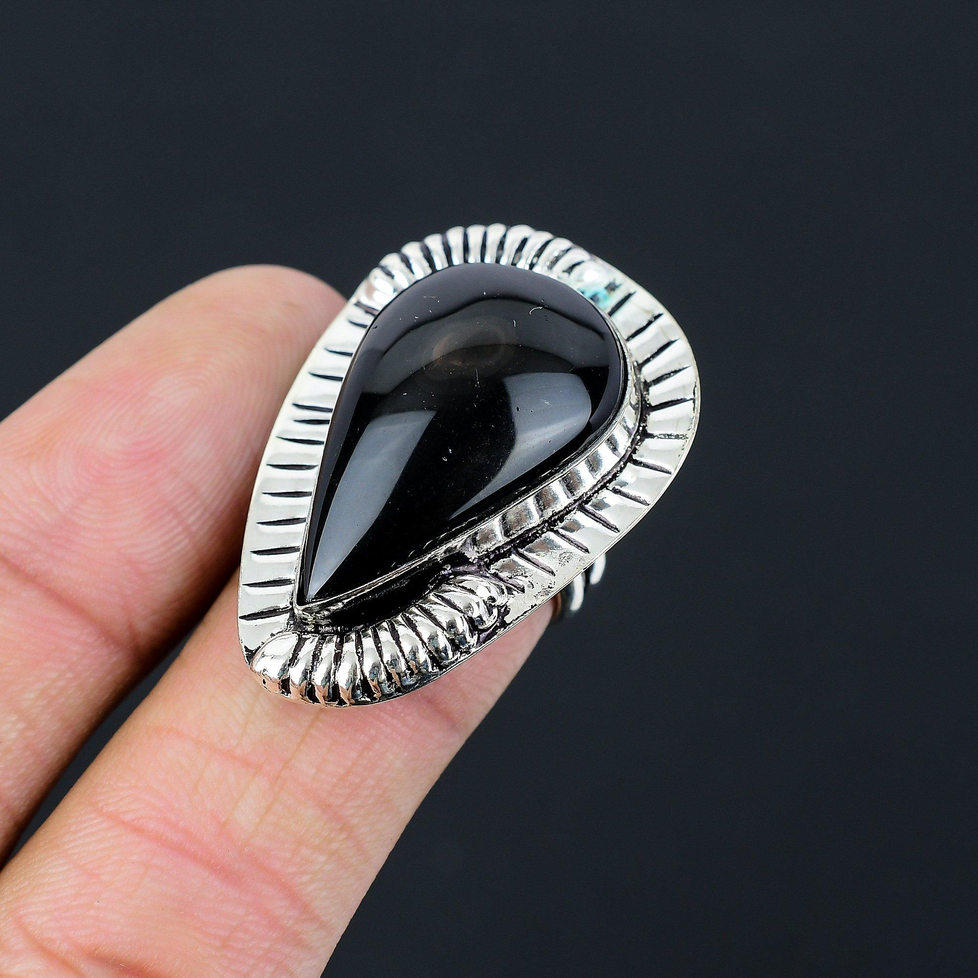 

Halloween Sale Sterling Silver Natural Obsidian Eye Statement Boho Ring Size 6.5 6.5