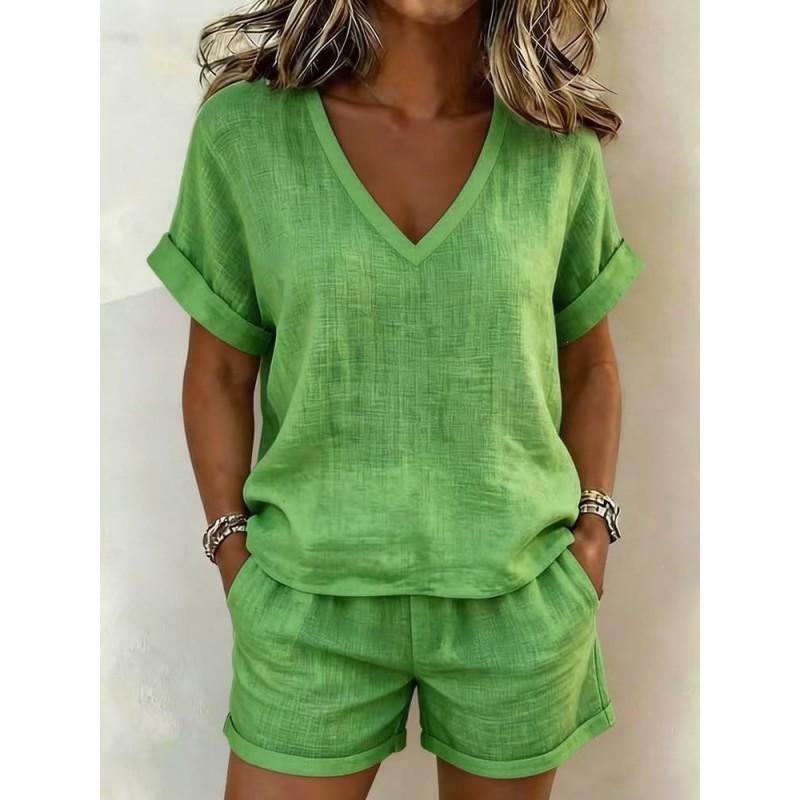Womens 2026 Casual 2-Piece Set: V-Neck Short Sleeve Top Elastic Waist Capri Shorts Pure Color Streetwear Outfit