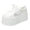 Fashion Genuine Leather/lace Mesh Flat Womens White Sneaker Summer Round Toe Platform 7.5CM Thick Botton Lace-up Sports Shoes