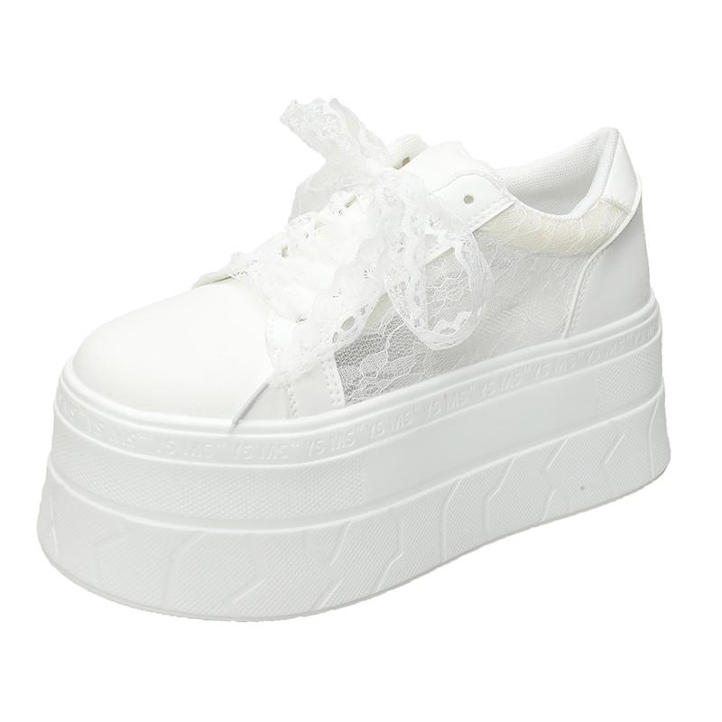Fashion Genuine Leather/lace Mesh Flat Womens White Sneaker Summer Round Toe Platform 7.5CM Thick Botton Lace-up Sports Shoes
