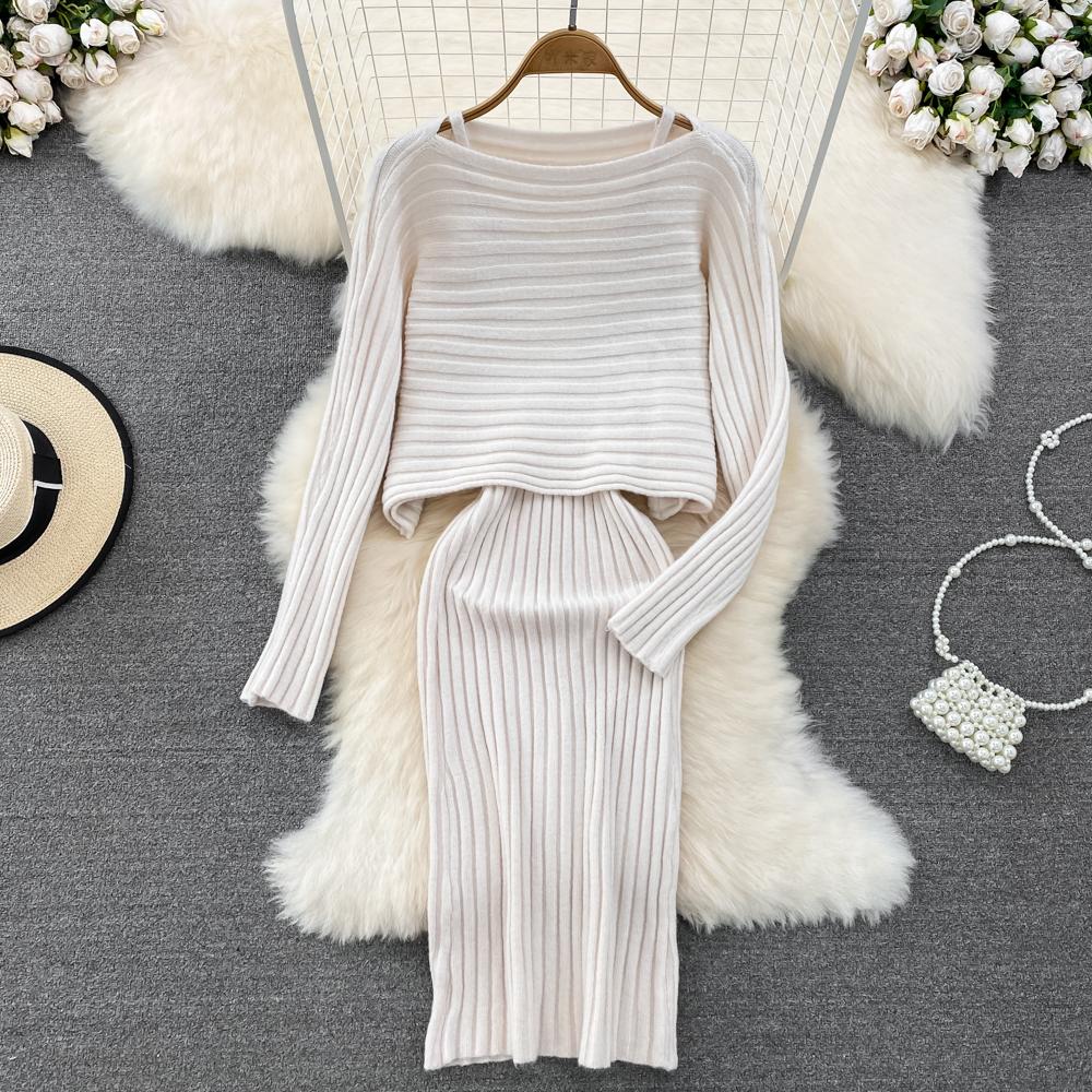 Lazy Style Dlouhý rukáv Kulatý výstřih Volný úpletový top + Dvoudílná souprava vesty s výstřihem do V