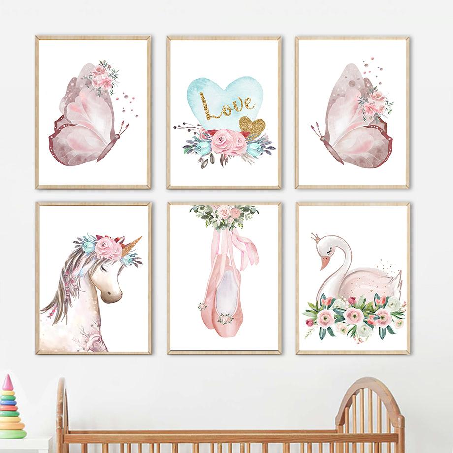 Unicorn Swan Butterfly Rainbow Cloud Flower Posters and Prints Wall Art Print Canvas Painting Pictures Girl Baby Kids Room Decor