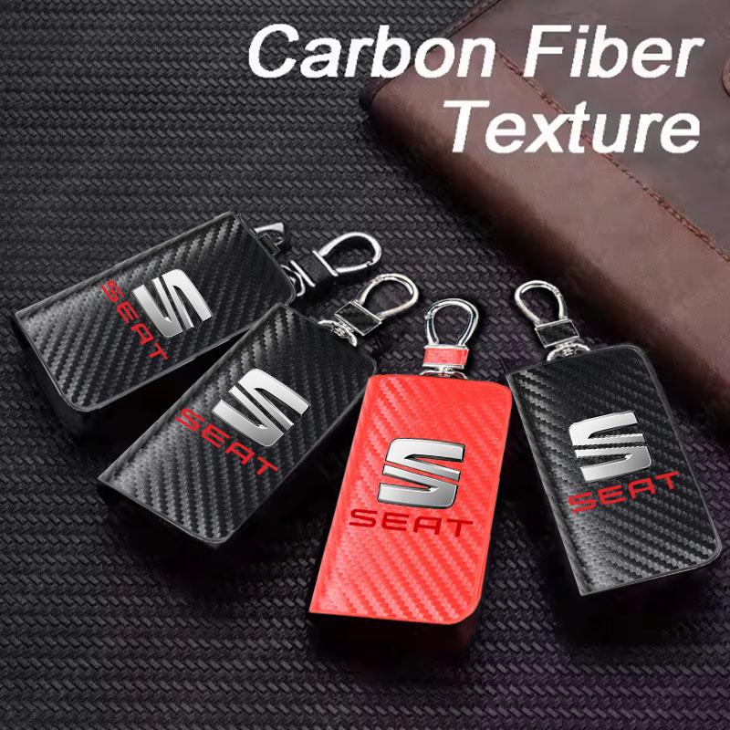 wszp1 Car Key Bag Carbon Fiber Key Holder Keyring Wallet Zipper For Seat Leon Ibiza Alhambra Exeo Altea Arona Mii IBL Car Accessories