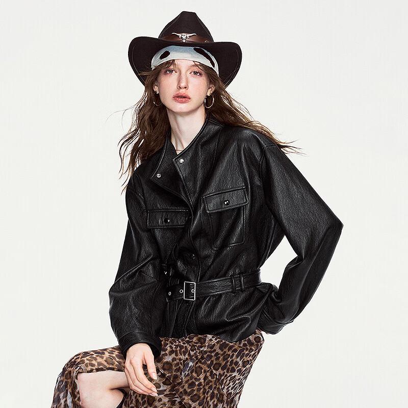 ChuYu Women's Shirt-Style Belted Faux Leather Utility Jacket