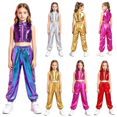 Crop Top de Danse Jazz pour Filles Col Montant Sans Manches Fermeture Éclair Invisible au Dos Patchwork Métallique à Sequins Volants avec Pantalon Brillant pour Performance sur Scène
