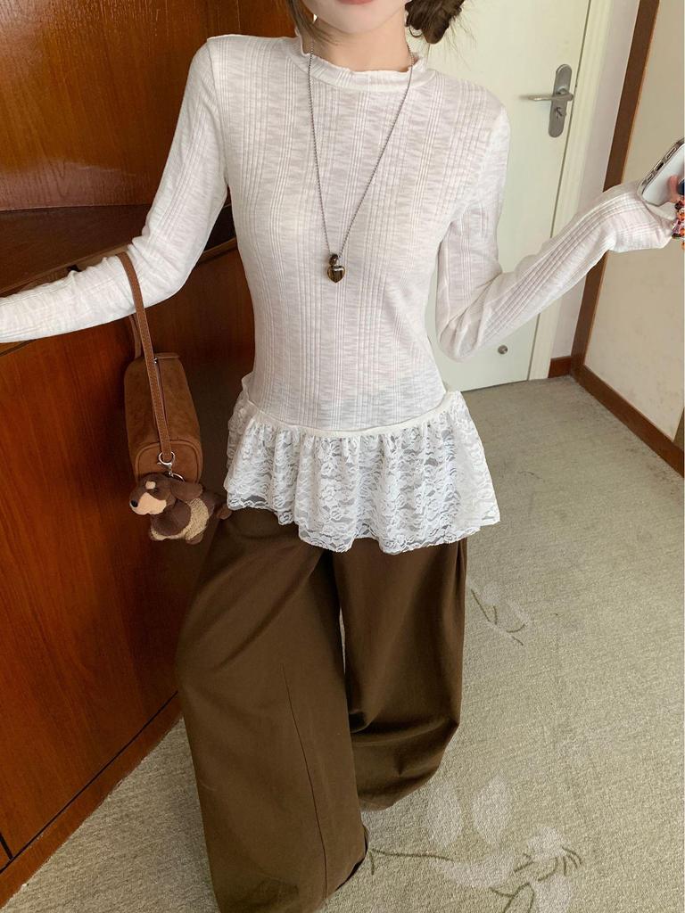 Women's French Lace Patchwork Long Sleeve Ruffle Turtleneck for Fall/Winter Layering