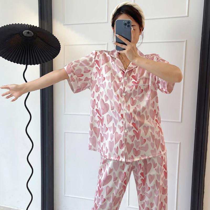 Spring And Summer Pajamas Are Cold And Silky, Short-Sleeved Trousers Can Be Worn Outside, Love Petal Loungewear