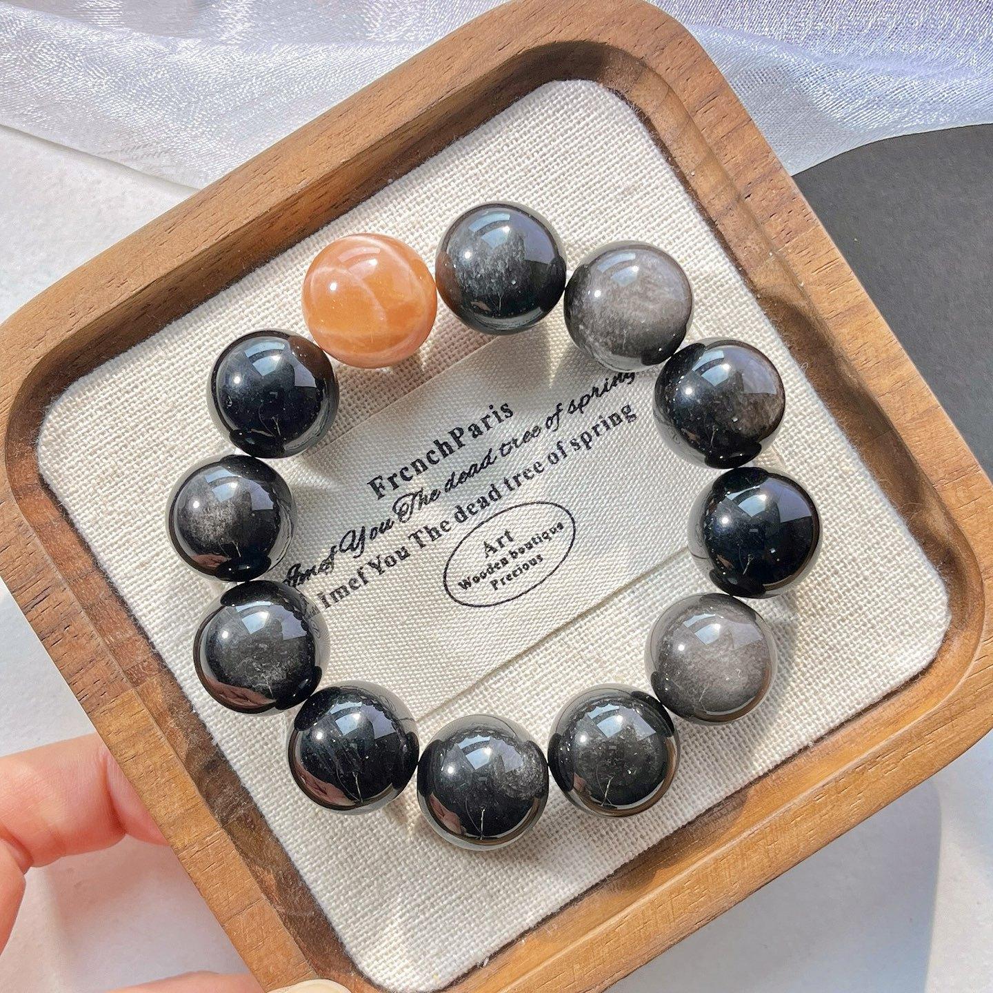 16Mm Vintage High Quality Natural Obsidian Orange Moonstone Bracelet Bracelet