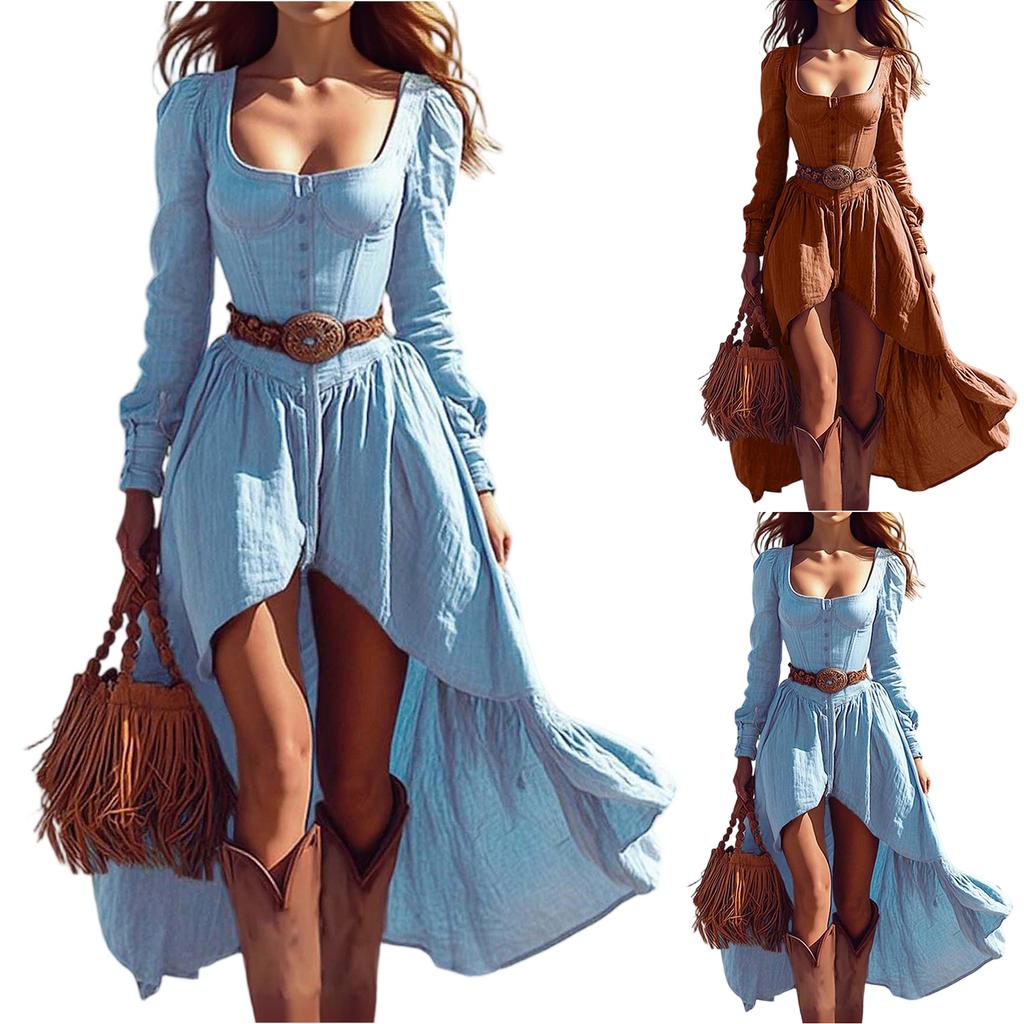 Women's Fashion Solid-color Retro Casual Long-sleeved Dress (without Belt)