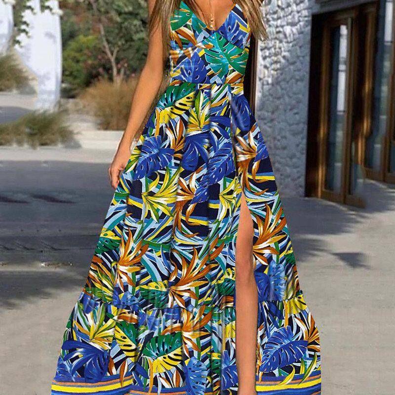 2025 Cross-Border Summer New European and American Women's Fashion Sexy Deep V-Neck Strap Dress Printed Sleeveless Slit Long Dress