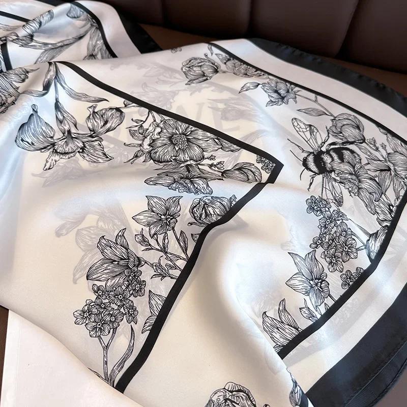 Luxury Floral Print Silk Square Scarf Women Foulard Hairband Hands Bag Ribbon Head Hijab Neckerchief Headbands Soft Satin