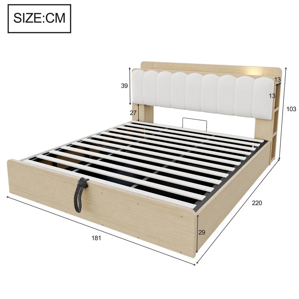 Wooden bed 180 × 200 cm, hydraulic frame, storage space, upholstered headrest, headboard, shelf, compartment, USB port, night light, wood colour